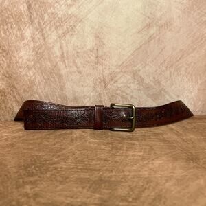 Vintage 90s Kama Sutra Leather Embossed Etched Belt Brown Traditional Art Boho